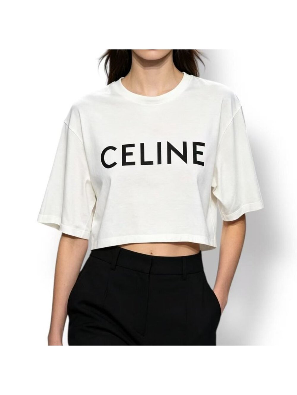 Celine Cropped T-Shirt Logo White